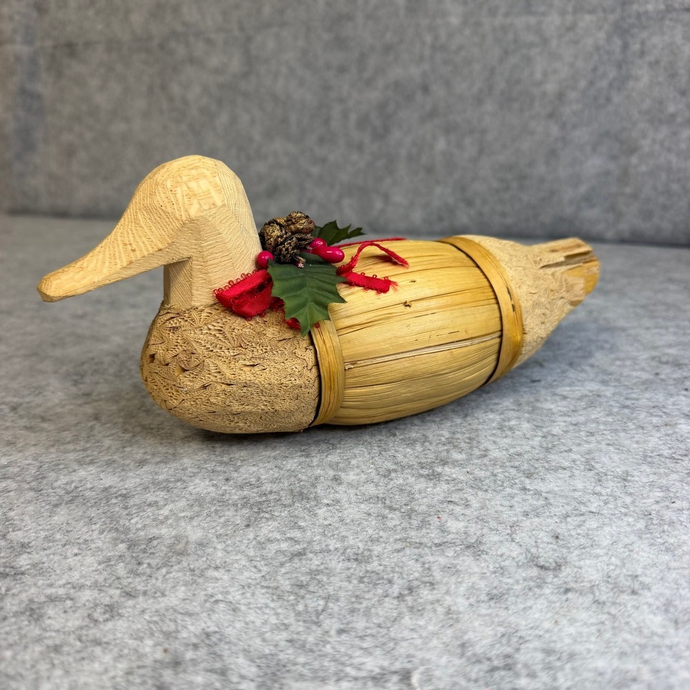 Vintage Hand Carved Wood and Straw Duck Figurine Holiday Decor 7.5 Inch